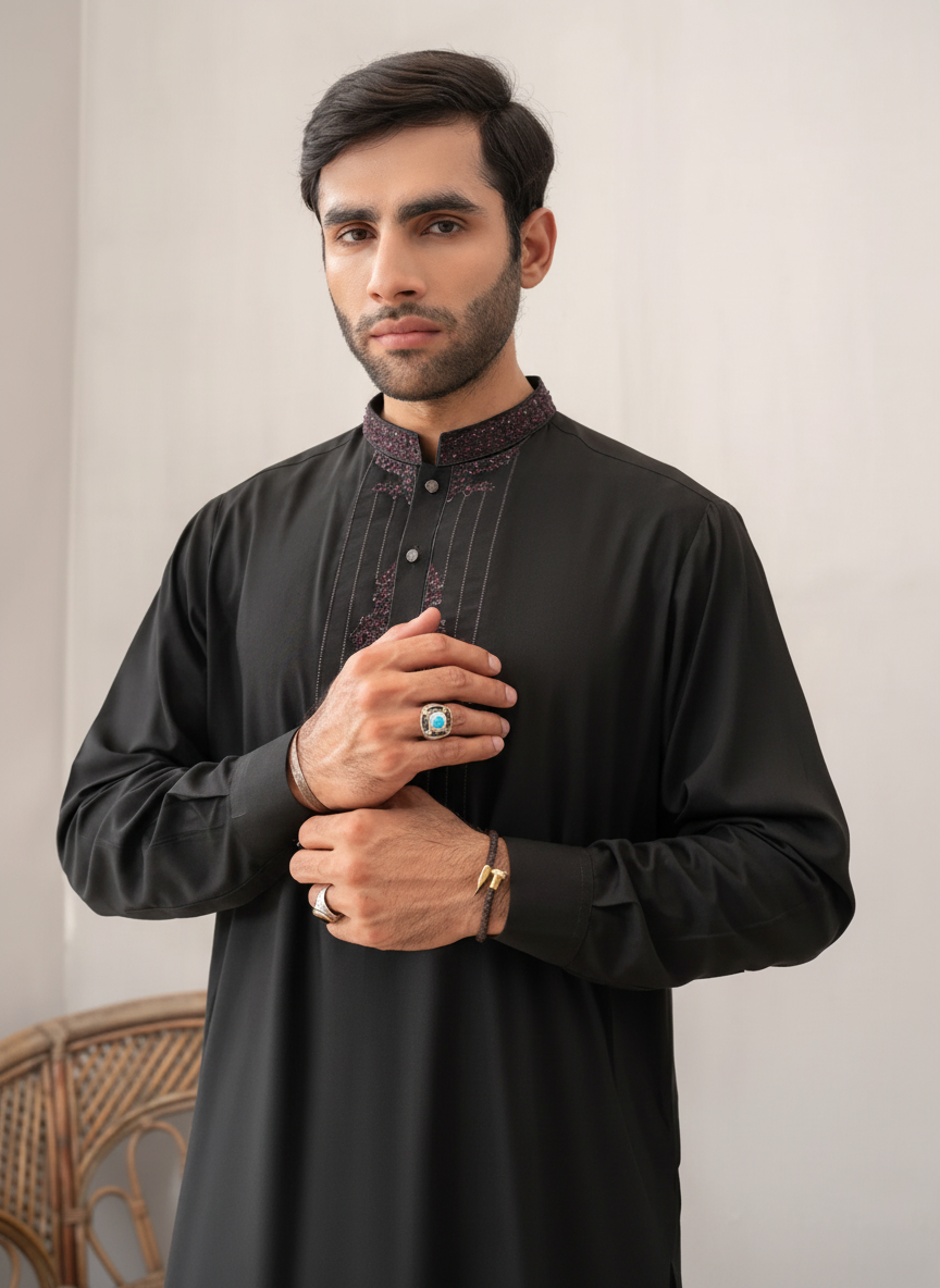 Black Premium Wash and Wear Kameez Shalwar