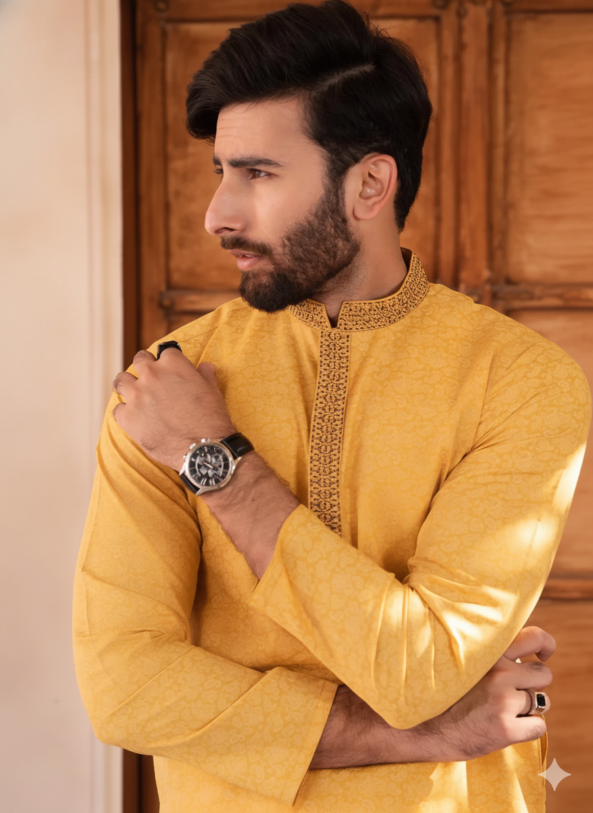 Yellow Blended Wash and Wear Kurta Pajama