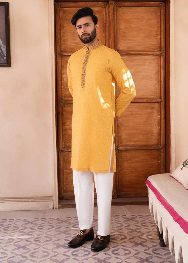 Yellow Blended Wash and Wear Kurta Pajama
