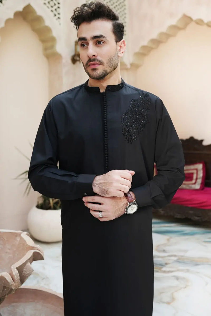Black Premium Wash and Wear Kameez Shalwar
