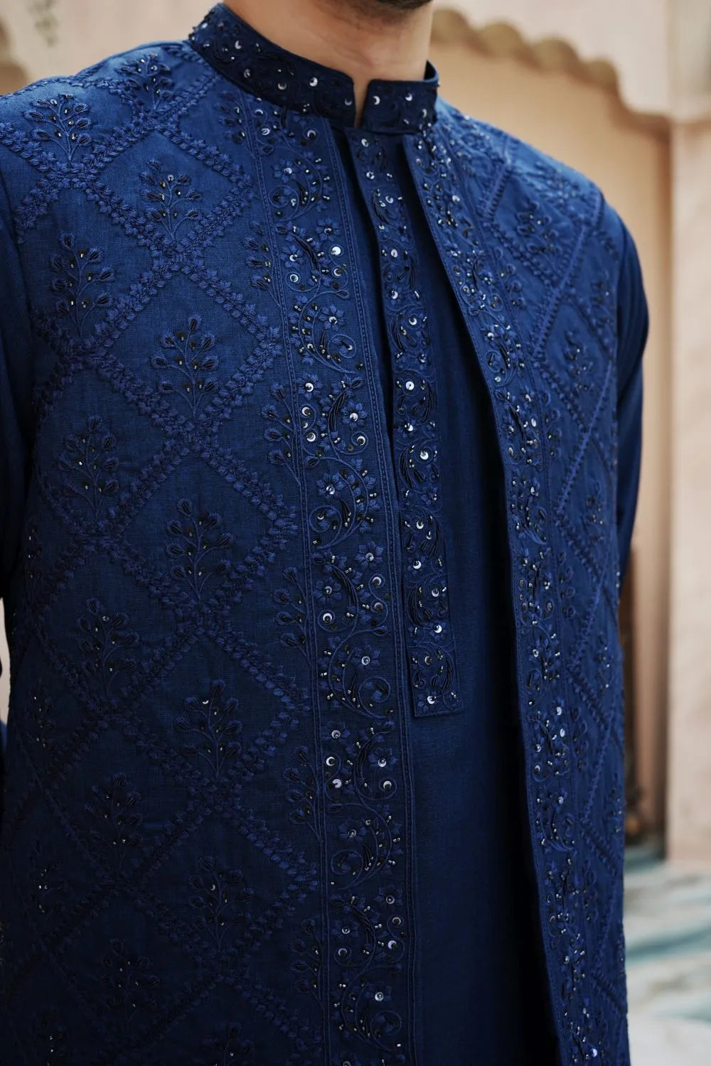 Blue Kameez Shalwar with Hand Crafted Waist Coat