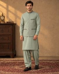 Mint Green Kameez Shalwar with Waist Coat