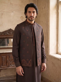 Mocha Brown Kameez Shalwar with Waist Coat