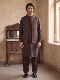 Mocha Brown Kameez Shalwar with Waist Coat