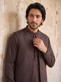 Mocha Brown Kameez Shalwar with Waist Coat