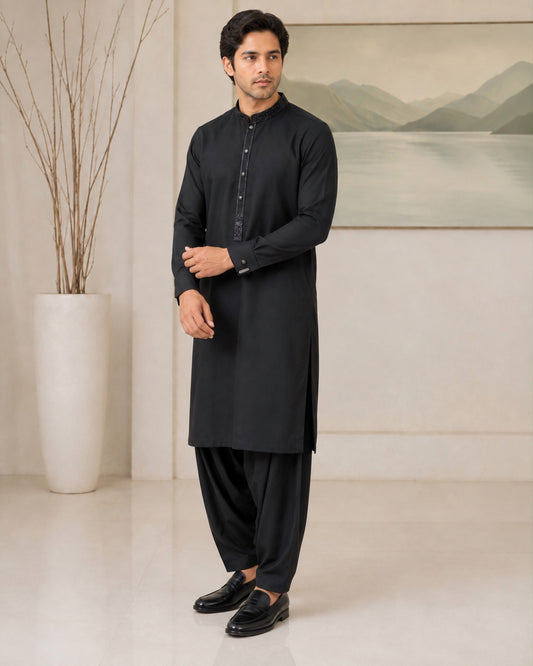 Black Wash and Wear Kameez Shalwar