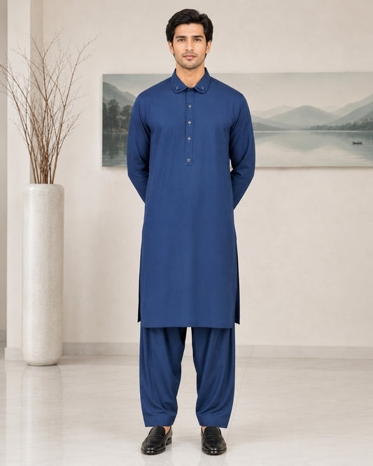 Royal Blue Wash and Wear Kameez Shalwar