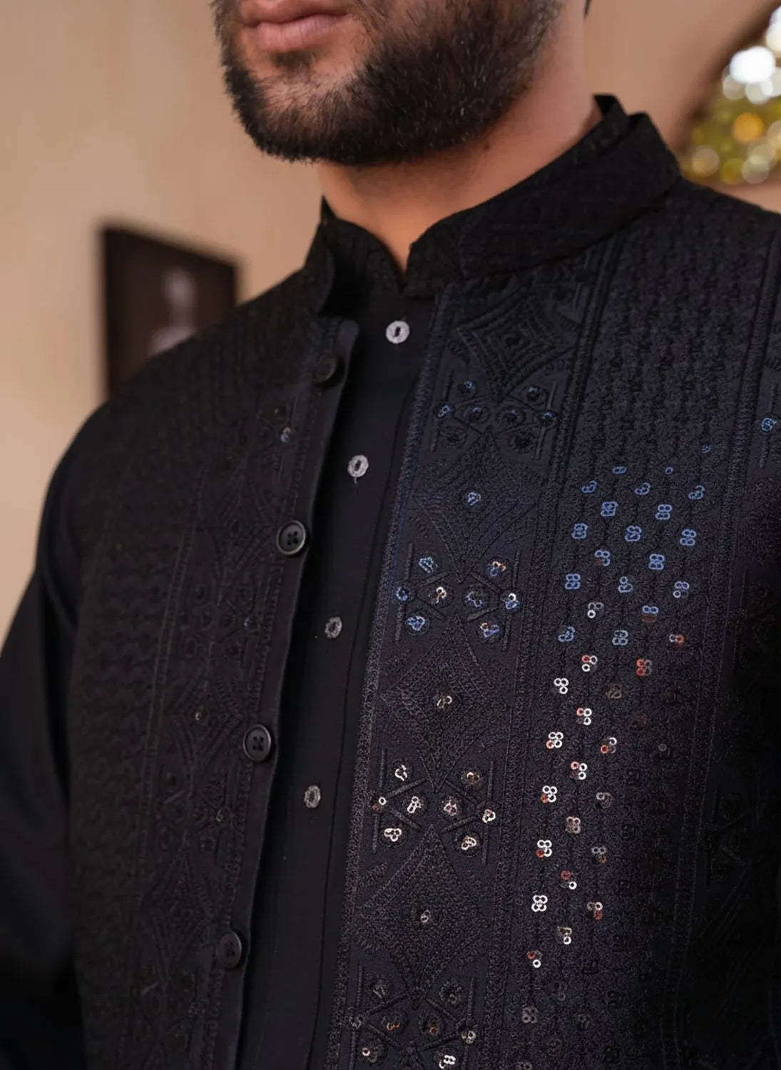 Black Kameez Shalwar with Hand Crafted Waist Coat