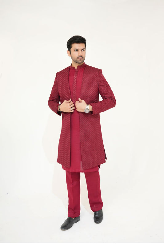 Maroon Sherwani Gown with Kurta Pajama