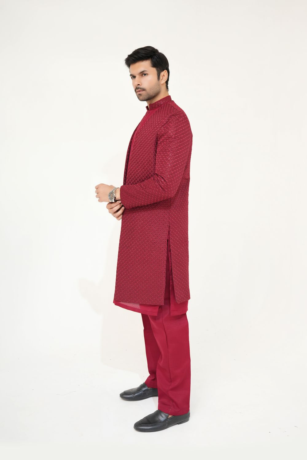 Maroon Sherwani Gown with Kurta Pajama
