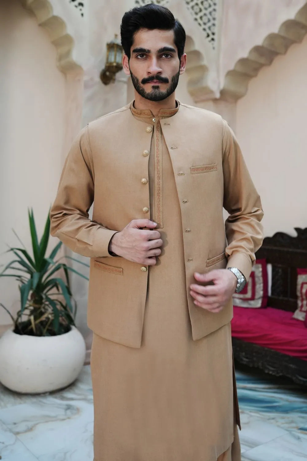 Khaki Kameez Shalwar with Waist Coat