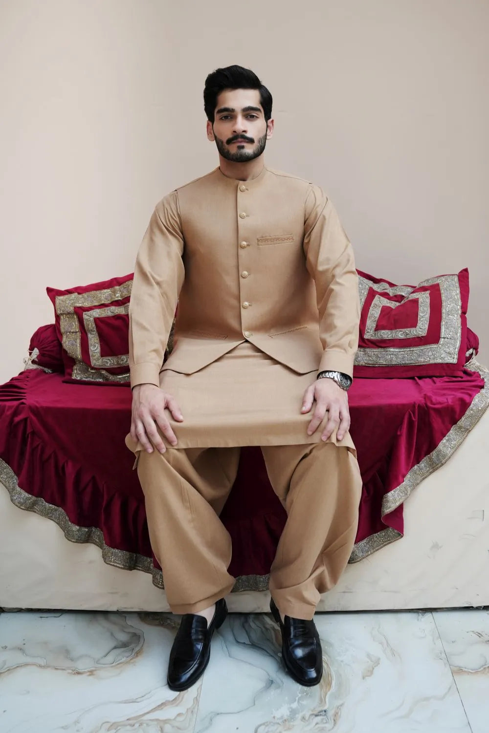 Khaki Kameez Shalwar with Waist Coat