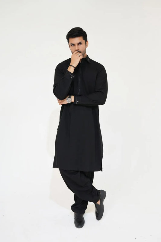 Black Wash and Wear Kameez Shalwar