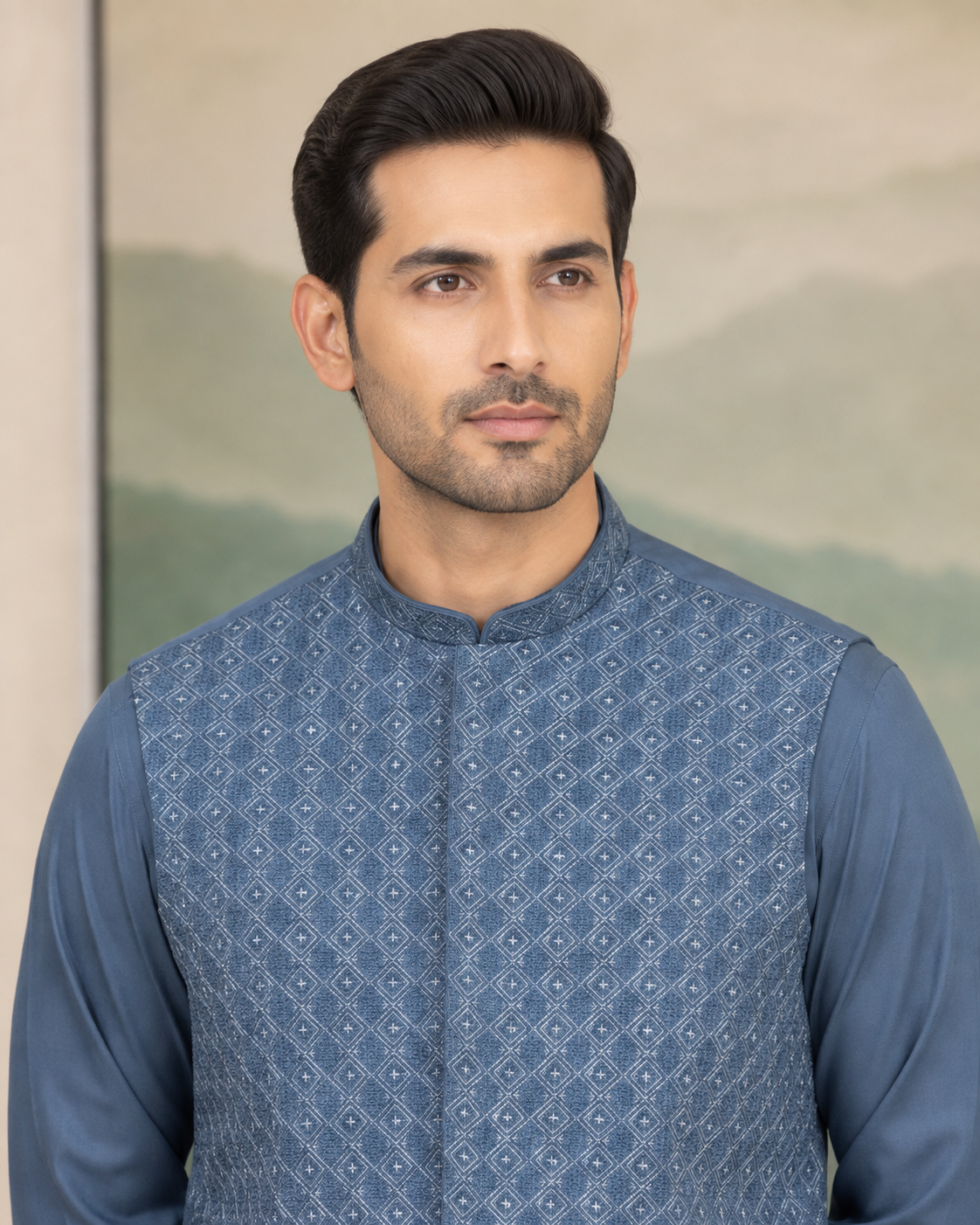 Slate Blue Kameez Shalwar with Waist Coat