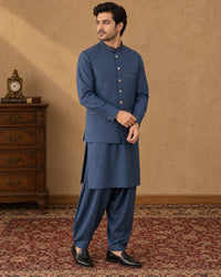 Steel Blue Kameez Shalwar with Waist Coat
