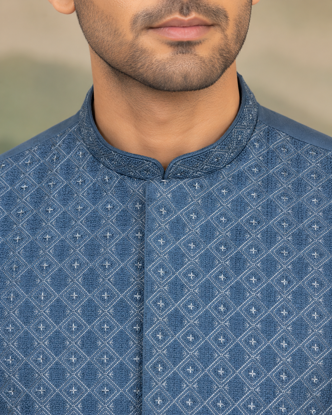 Slate Blue Kameez Shalwar with Waist Coat