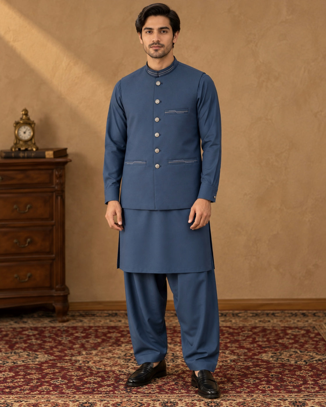 Steel Blue Kameez Shalwar with Waist Coat