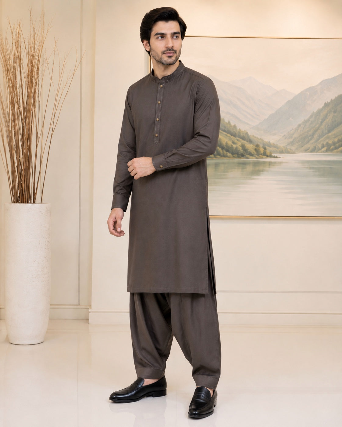 Coffee Brown Wash and Wear Kameez Shalwar