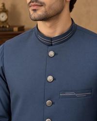 Steel Blue Kameez Shalwar with Waist Coat