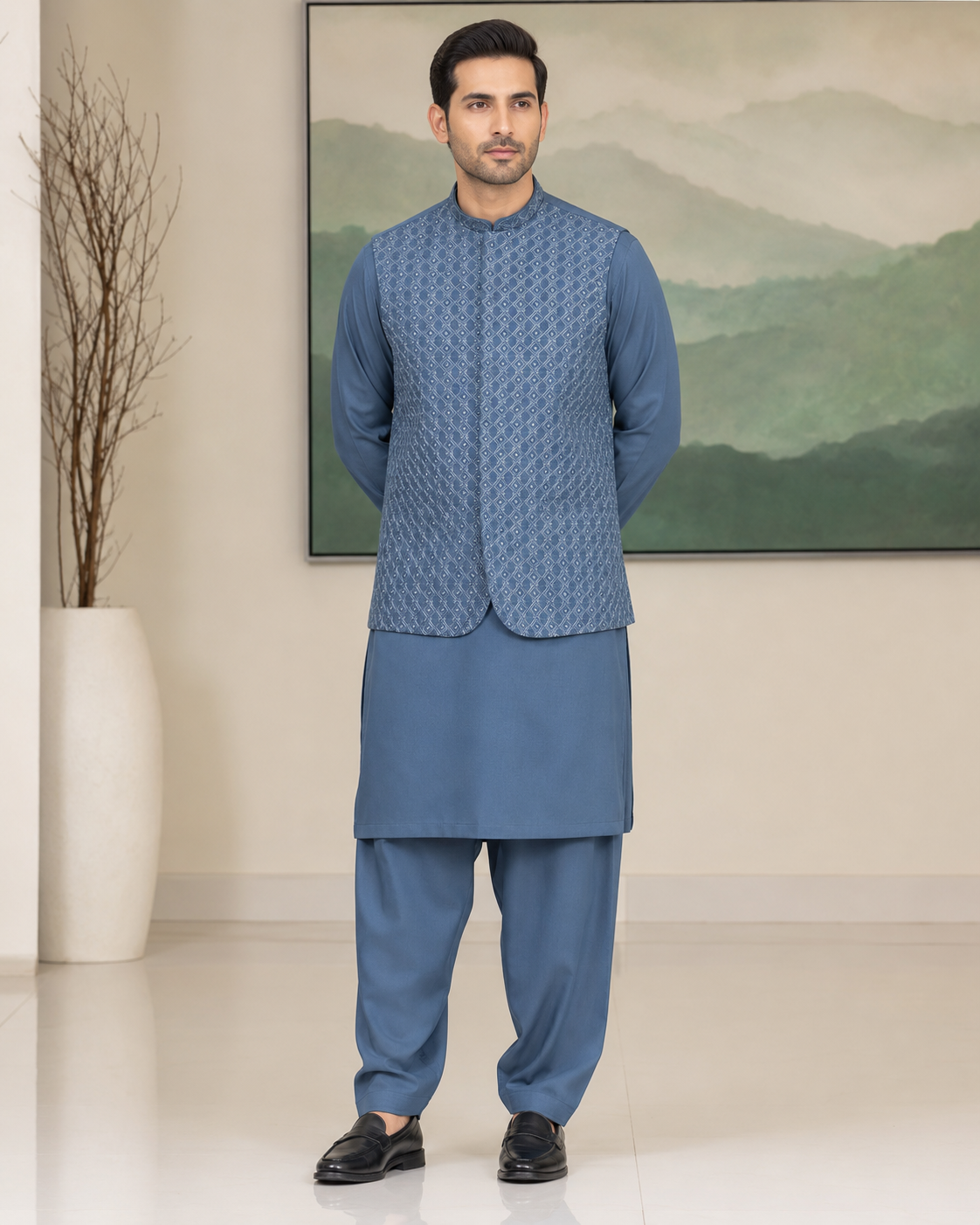 Slate Blue Kameez Shalwar with Waist Coat