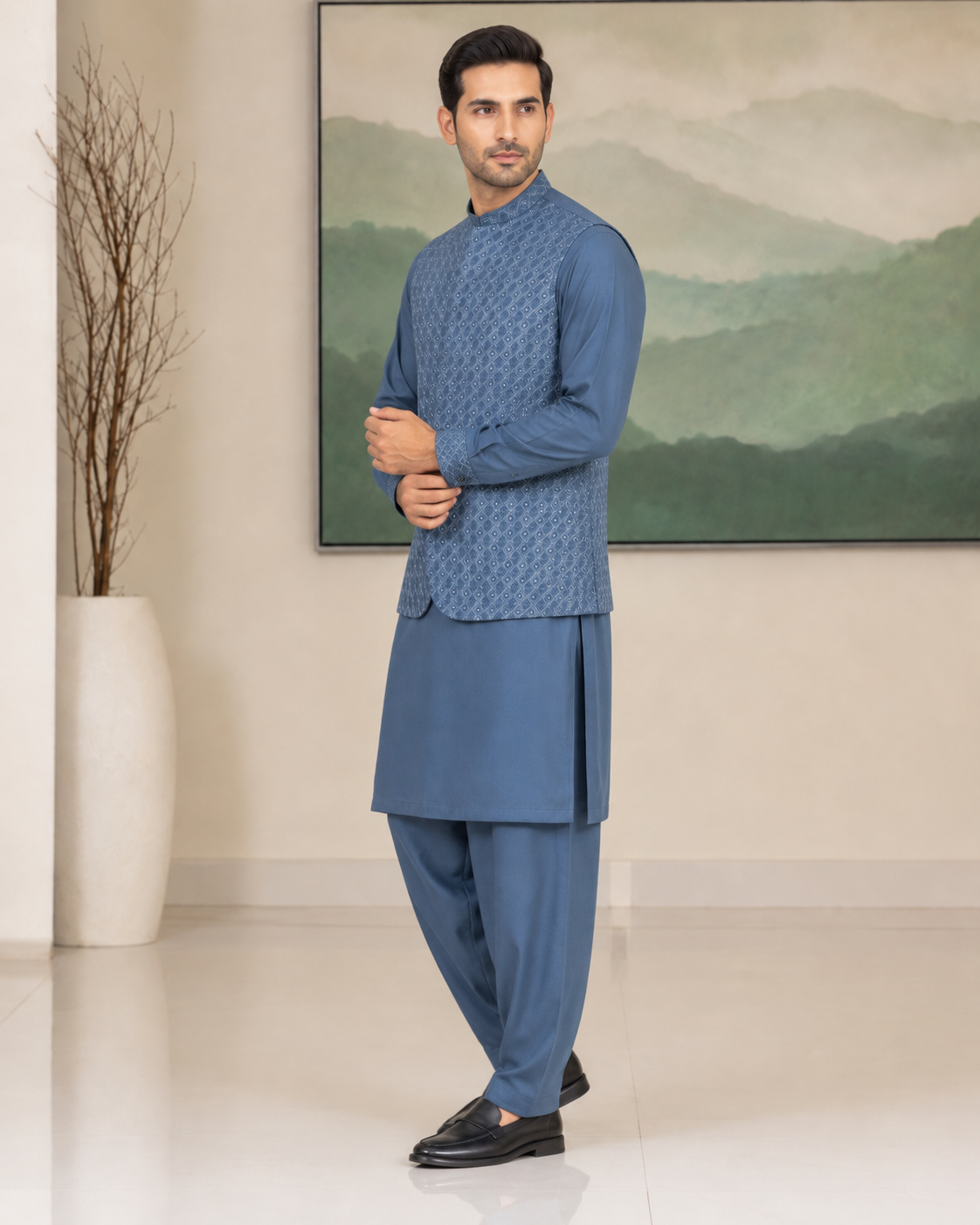 Slate Blue Kameez Shalwar with Waist Coat