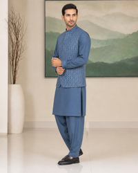 Slate Blue Kameez Shalwar with Waist Coat