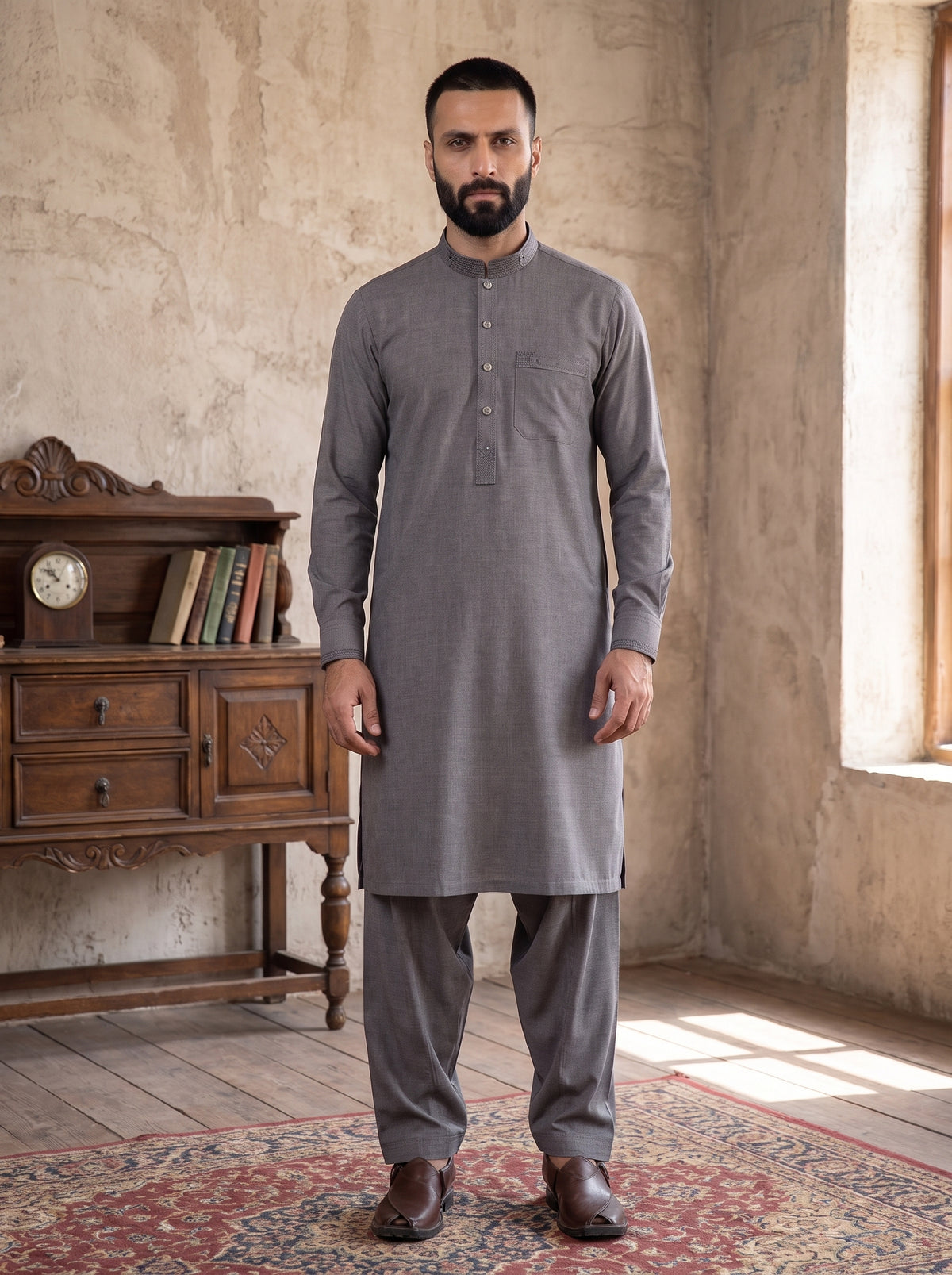 Grey Wash and Wear Kameez Shalwar