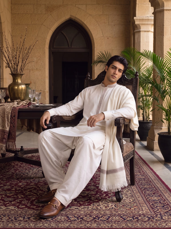 White Woolen Shawl Suit
