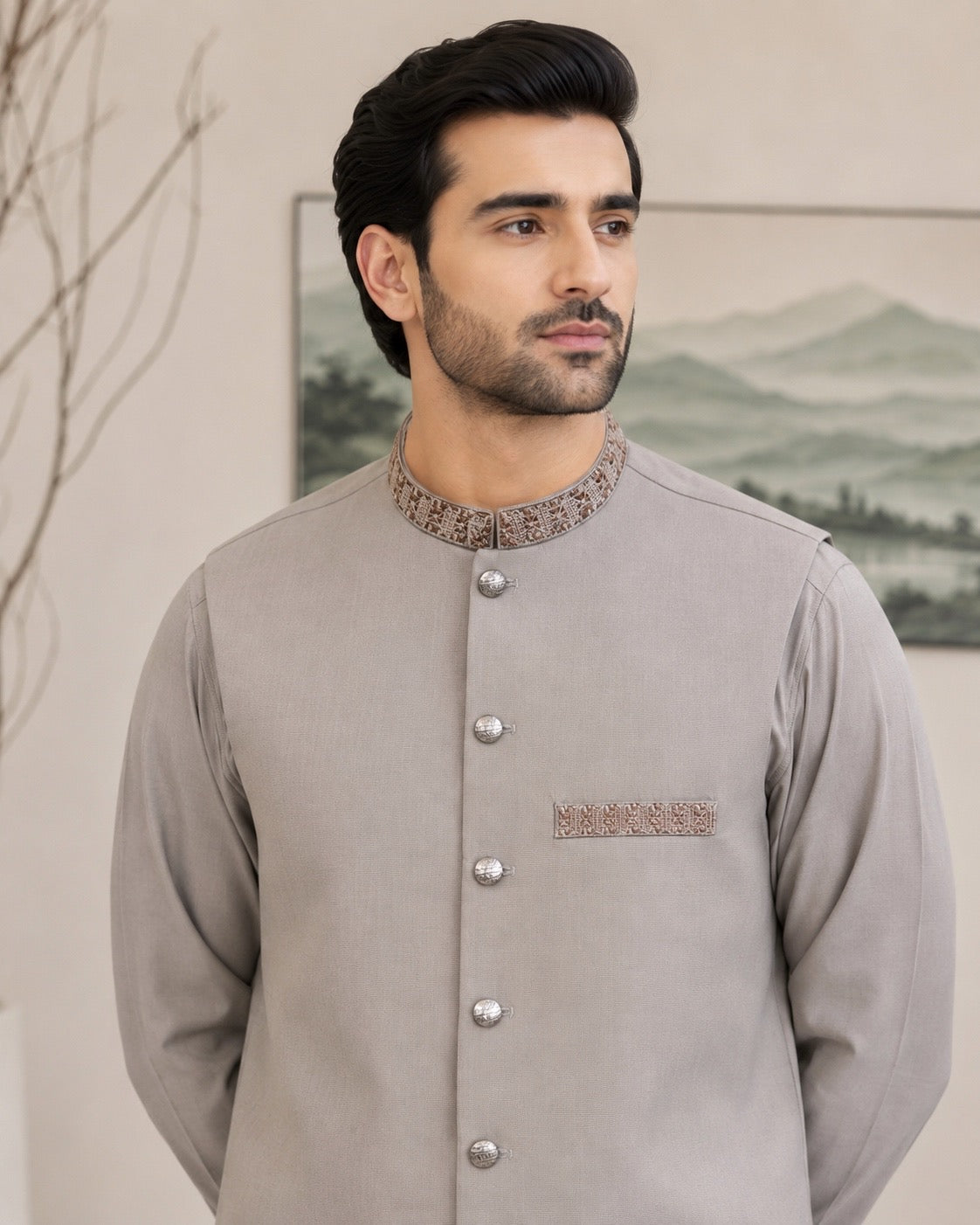 Sandstone Grey Kameez Shalwar with Waist Coat