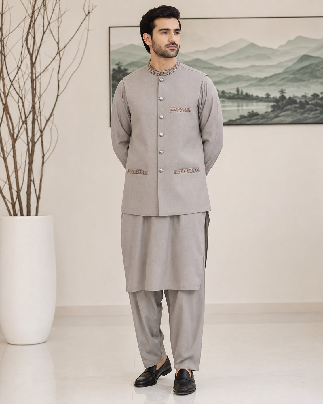 Sandstone Grey Kameez Shalwar with Waist Coat