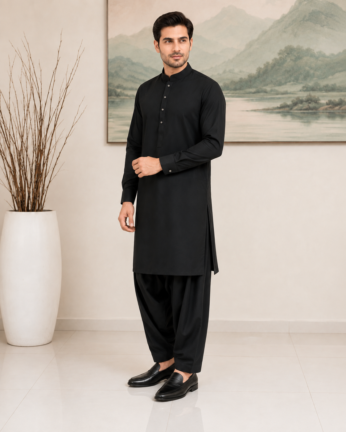 Black Plain Wash and Wear Kameez Shalwar