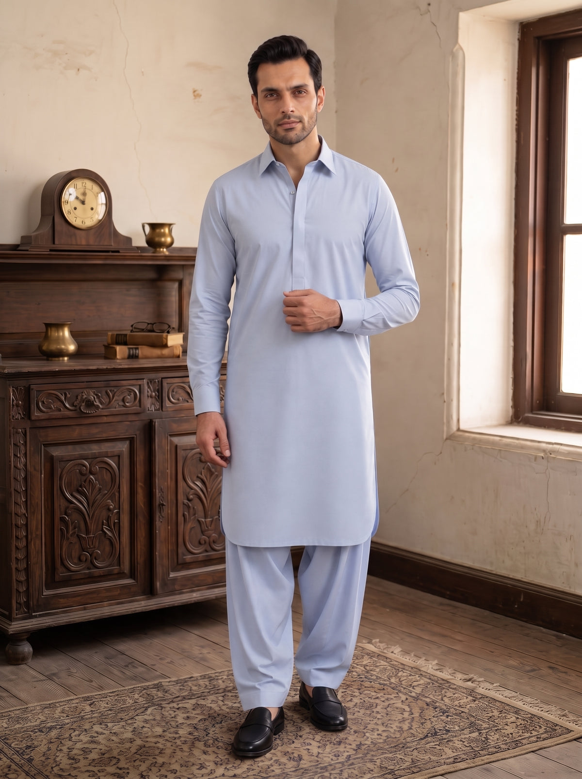 Light Sky Blue Wash and Wear Kameez Shalwar