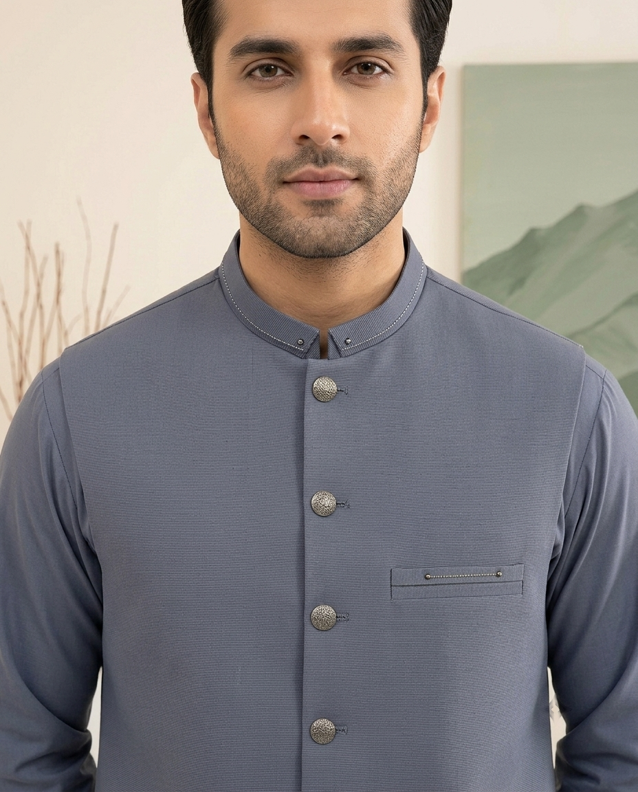 Steel Blue Kameez Shalwar with Waist Coat