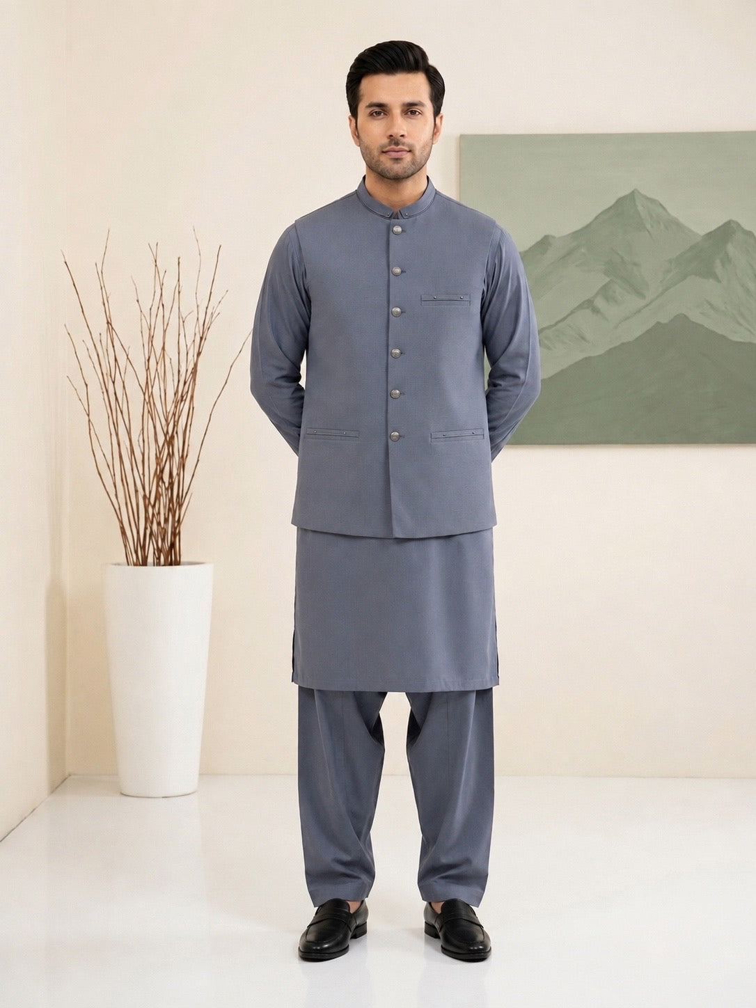 Steel Blue Kameez Shalwar with Waist Coat