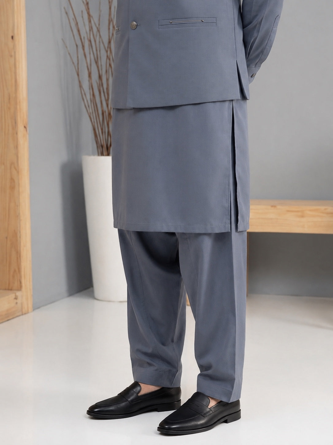 Steel Blue Kameez Shalwar with Waist Coat
