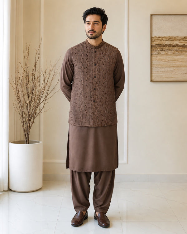 Chocolate Brown Kameez Shalwar with Waist Coat