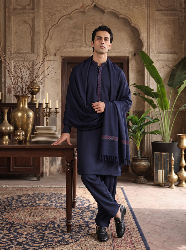 Navy Blue Woolen Shawl Suit