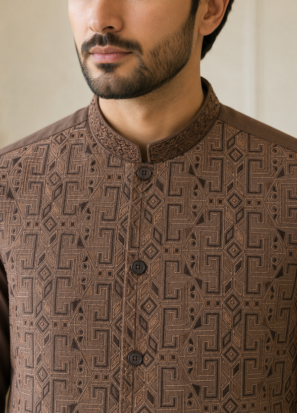 Chocolate Brown Kameez Shalwar with Waist Coat