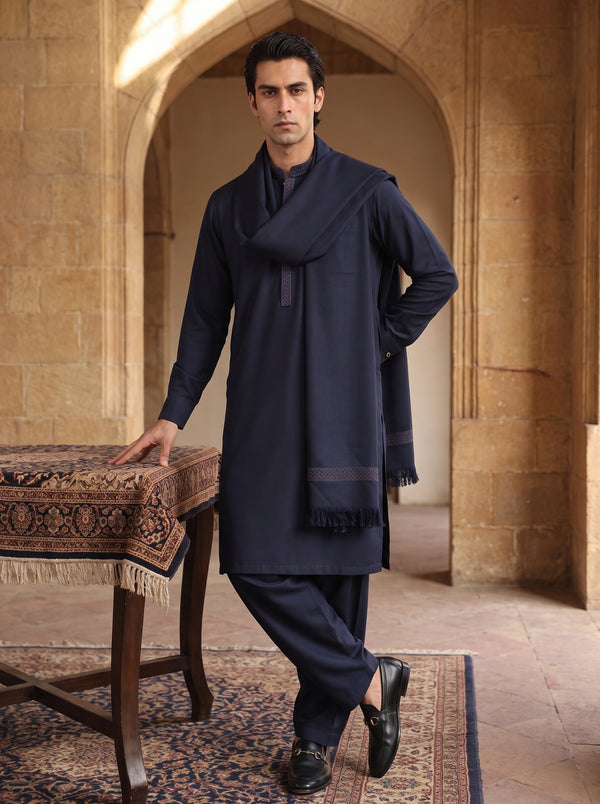 Navy Blue Woolen Shawl Suit