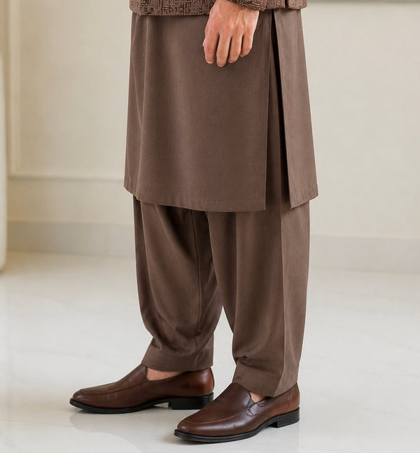 Chocolate Brown Kameez Shalwar with Waist Coat