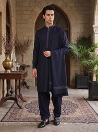 Navy Blue Woolen Shawl Suit