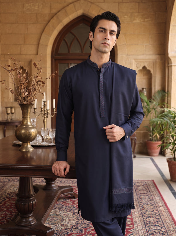 Navy Blue Woolen Shawl Suit