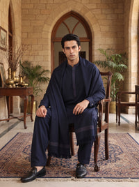 Navy Blue Woolen Shawl Suit
