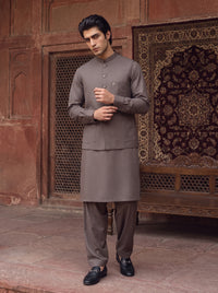 Mocha Brown Kameez Shalwar with Waist Coat