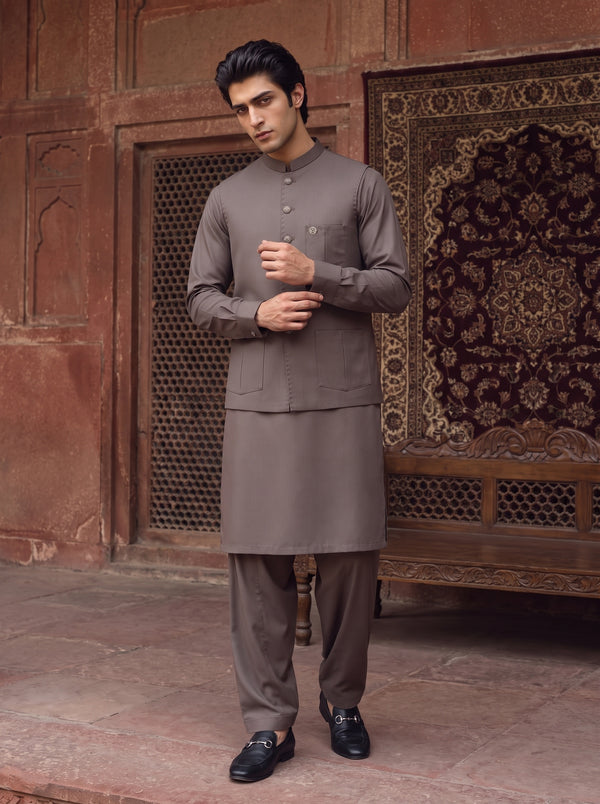 Mocha Brown Kameez Shalwar with Waist Coat