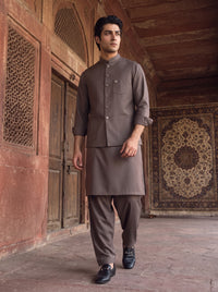 Mocha Brown Kameez Shalwar with Waist Coat