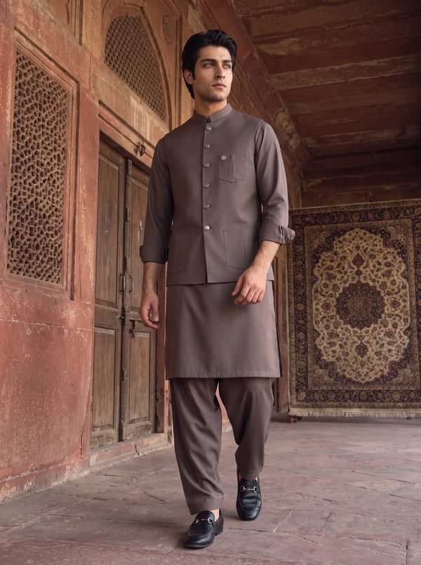 Mocha Brown Kameez Shalwar with Waist Coat