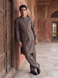 Mocha Brown Kameez Shalwar with Waist Coat