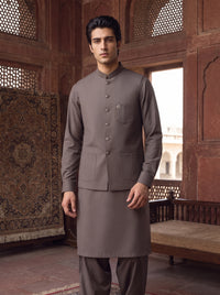 Mocha Brown Kameez Shalwar with Waist Coat