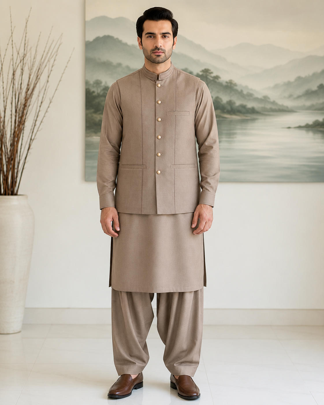 Light Brown Kameez Shalwar with Waist Coat